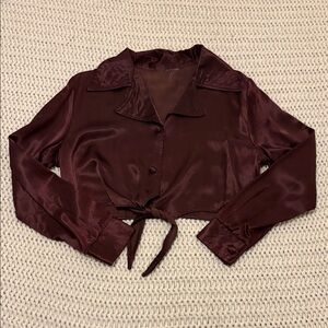 Vintage Satin Cropped Chocolate Brown Button Down Shirt